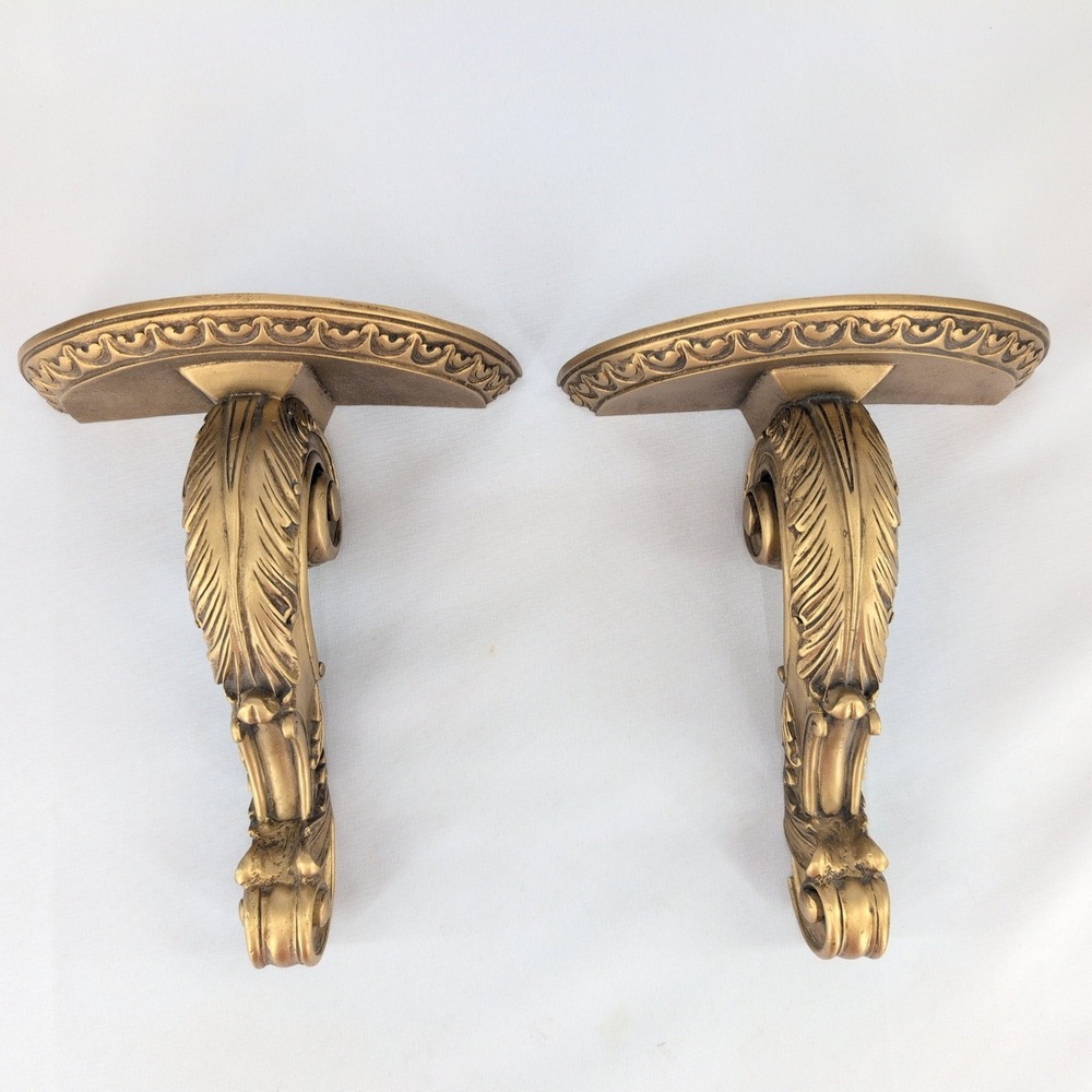 Vintage Wall Sconce Shelves Gold Ornate Acanthus Leaf Corbel Pair 12in